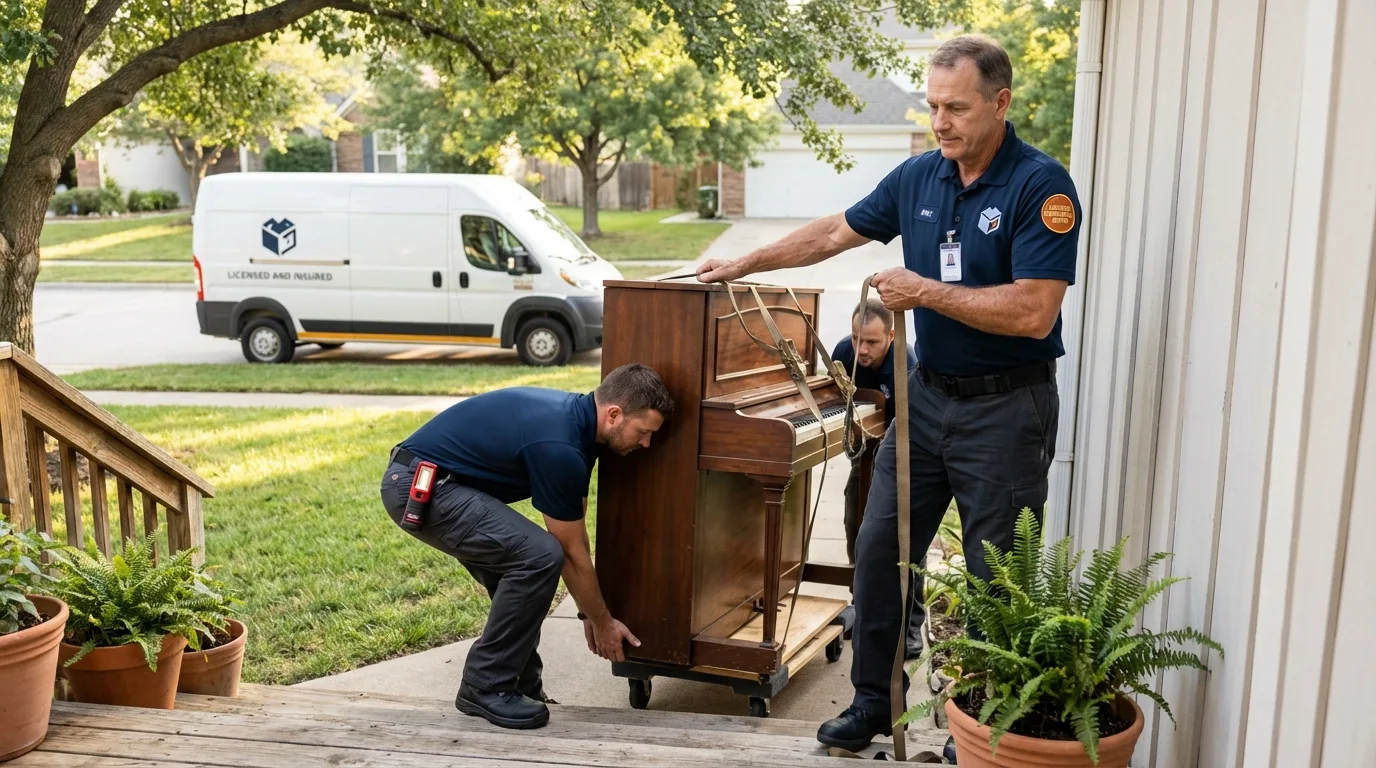 Licensed piano movers securing grand piano in Mount Ayr, IA