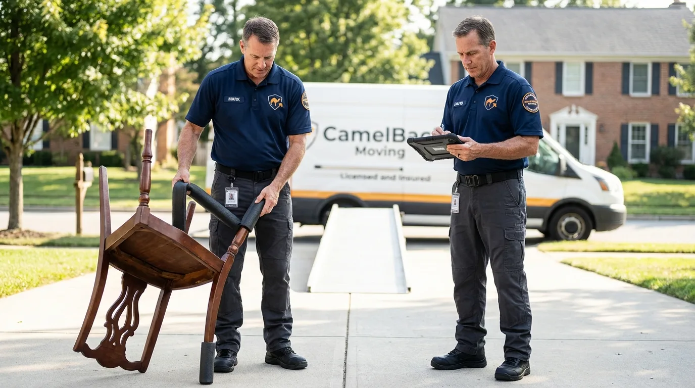Movers inspecting furniture for damage prevention before loading in Mount Ayr, IA