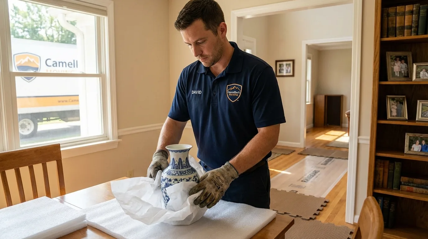 Professional crew carefully wrapping antique vase for senior downsizing move in Mount Ayr, IA