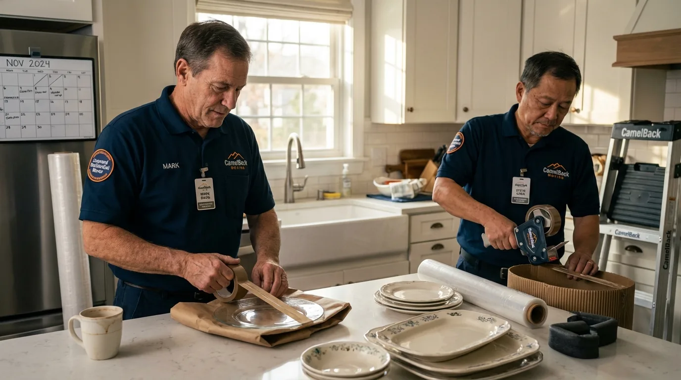 Professional crew packing kitchen dishware in Mount Ayr, IA
